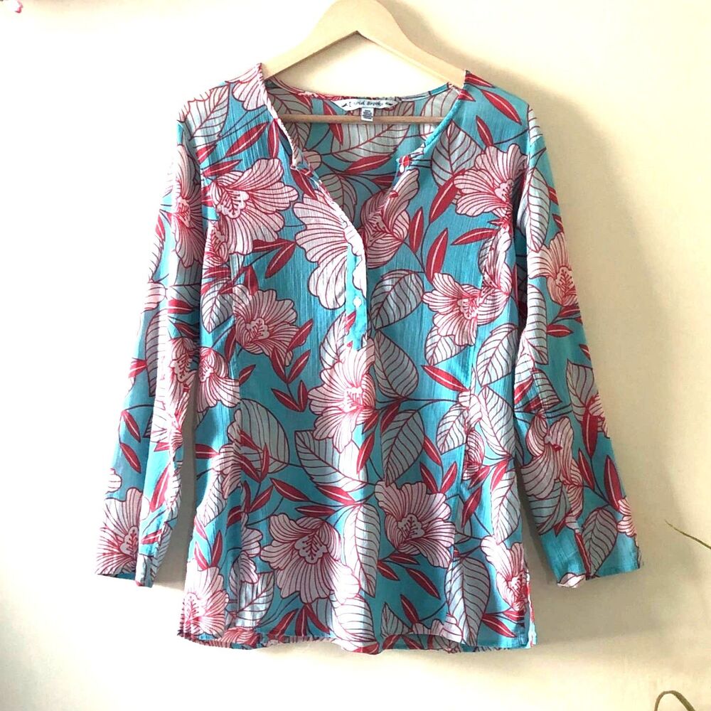 David Brook Floral V-neck Cringle Shirt Turquoise Red Size M